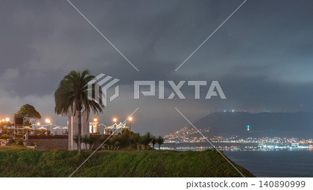 Intihuatana park with panoramic view of Miraflores district and Morro Solar hill on a background day to night timelapse, in Lima, Peru Intihuatana park with panoramic view of Miraflores district and Morro Solar hill on a background day to night timelapse, in Lima, Peru 140890999