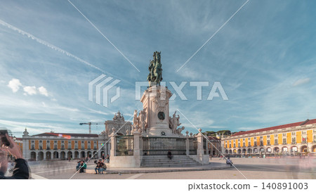 Praca do Comercio or Commerce Plaza. Statue of King Jose I timelapse hyperlapse. Praca do Comercio or Commerce Plaza. Statue of King Jose I timelapse hyperlapse. 140891003