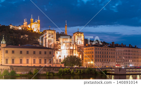 Timelapse of Saint John the Baptist Cathedral and Basilica of Notre-Dame de Fourviere in Lyon, from day to night. France Timelapse of Saint John the Baptist Cathedral and Basilica of Notre-Dame de Fourviere in Lyon, from day to night. France 140891014