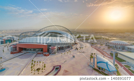 Aerial view of Aspire Zone stadium from at sunrise timelapse in Doha Aerial view of Aspire Zone stadium from at sunrise timelapse in Doha 140891077