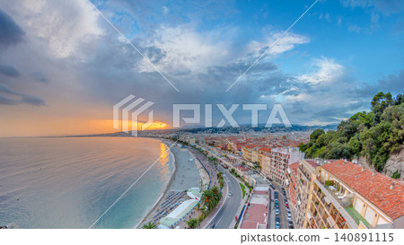 Sunset over Nice city and Mediterranean Sea aerial timelapse Sunset over Nice city and Mediterranean Sea aerial timelapse 140891115