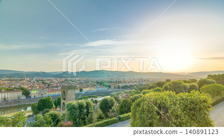 Sunrise top view of Florence city timelapse with arno river bridges and historical buildings Sunrise top view of Florence city timelapse with arno river bridges and historical buildings 140891123