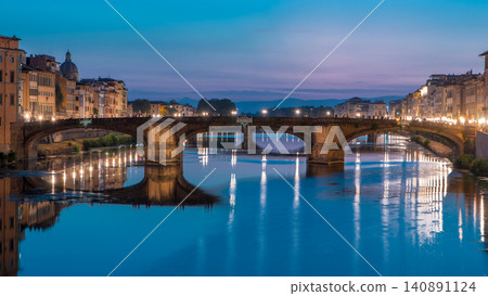 Ponte Santa Trinita Holy Trinity Bridge day to night timelapse over River Arno in Florence Ponte Santa Trinita Holy Trinity Bridge day to night timelapse over River Arno in Florence 140891124