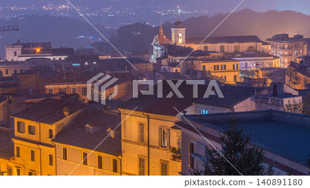 Duomo di San Pancrazio Martire after sunset in beautiful town of Albano Laziale day to night timelapse, Italy Duomo di San Pancrazio Martire after sunset in beautiful town of Albano Laziale day to night timelapse, Italy 140891180