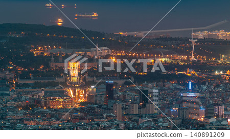 Top view from tibidabo of National Art Museum timelapse at Placa Espanya in Barcelona day to night, Catalonia, Spain Top view from tibidabo of National Art Museum timelapse at Placa Espanya in Barcelona day to night, Catalonia, Spain 140891209