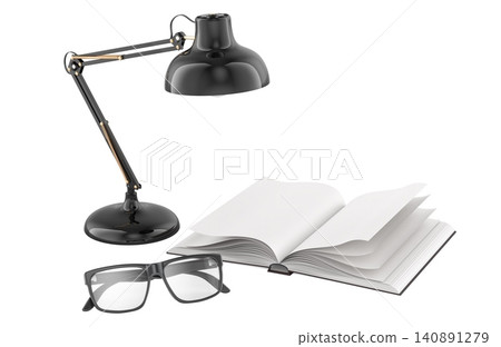 Open book with desk lamp and eyeglasses. 3D rendering Open book with desk lamp and eyeglasses. 3D rendering 140891279