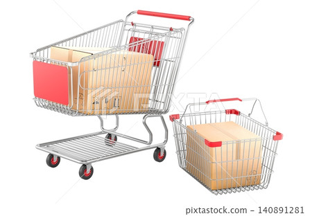 Shopping cart and hand basket with parcel boxes. 3D rendering Shopping cart and hand basket with parcel boxes. 3D rendering 140891281