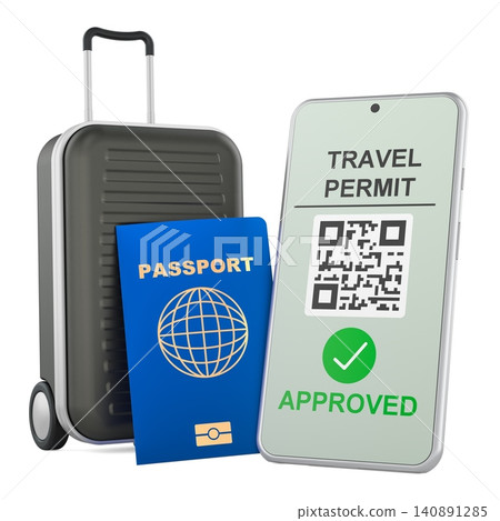 Travel permit approved on smartphone with passport and suitcase. 3D rendering Travel permit approved on smartphone with passport and suitcase. 3D rendering 140891285