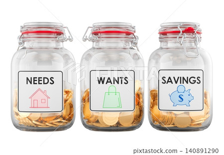 Budgeting jars for needs wants and savings money allocation. 3D rendering 140891290