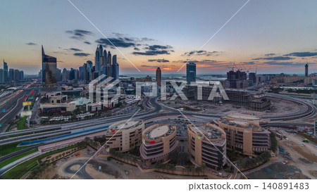 Sunset over Dubai Media City with Modern buildings aerial timelapse, United Arab Emirates 140891483