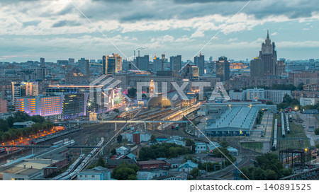 Panoramic view to Kiev Railway Station night to day timelapse and modern city in Moscow, Russia Panoramic view to Kiev Railway Station night to day timelapse and modern city in Moscow, Russia 140891525