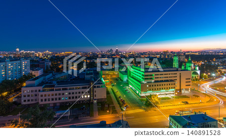 Aerial panorama of Moscow day to night timelapse from rooftop. Skyscrapers, Kremlin towers Aerial panorama of Moscow day to night timelapse from rooftop. Skyscrapers, Kremlin towers 140891528
