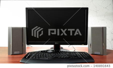 Work desk for digital job with computer, audio speakers and keyboard timelapse hyperlapse 140891643