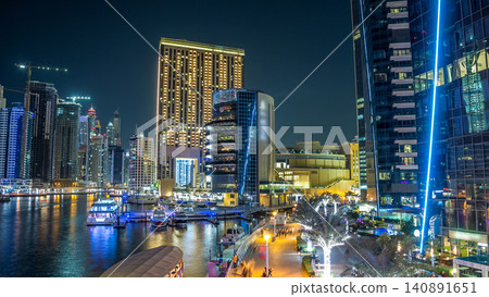 Dubai Marina towers and canal in Dubai night timelapse hyperlapse Dubai Marina towers and canal in Dubai night timelapse hyperlapse 140891651