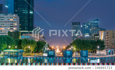 Paris cityscape with modern buildings in business district La Defense day to night timelapse. Glass facade skyscrapers. Paris, France Paris cityscape with modern buildings in business district La Defense day to night timelapse. Glass facade skyscrapers. Paris, France 140891723