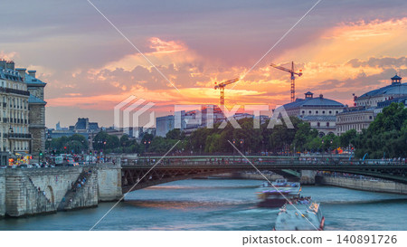 Le Pont D'Arcole bridge at sunset with boats timelapse, Paris, France, Europe Le Pont D'Arcole bridge at sunset with boats timelapse, Paris, France, Europe 140891726