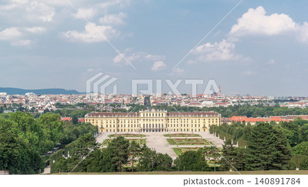 Beautiful view of famous Schonbrunn Palace timelapse hyperlapse with Great Parterre garden in Vienna, Austria Beautiful view of famous Schonbrunn Palace timelapse hyperlapse with Great Parterre garden in Vienna, Austria 140891784
