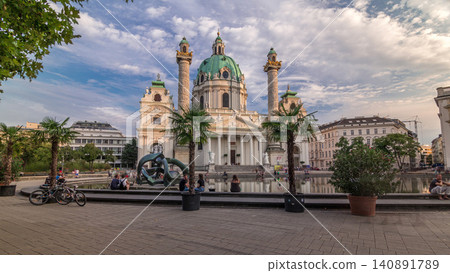 Karlskirche on the Karlsplatz square timelapse hyperlapse in Vienna, Austria. Karlskirche on the Karlsplatz square timelapse hyperlapse in Vienna, Austria. 140891789