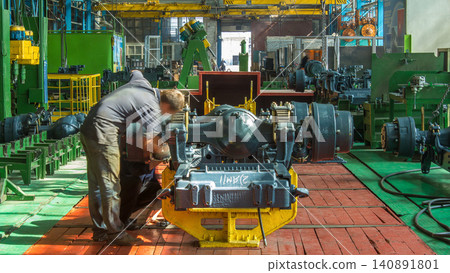 Conveyor assembly stage the body of tractor at big industrial factory timelapse 140891801