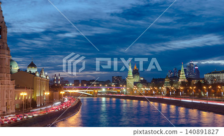 Ensemble of Moscow Kremlin and Moskva-City business center view across Moskva river at a winter day to night timelapse hyperlapse Ensemble of Moscow Kremlin and Moskva-City business center view across Moskva river at a winter day to night timelapse hyperlapse 140891827