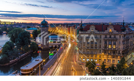 Sitkovska water-tower timelapse and traffic on road in old city center of Prague day to night. Sitkovska water-tower timelapse and traffic on road in old city center of Prague day to night. 140891844