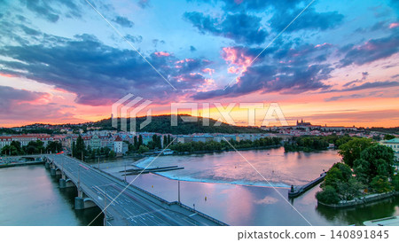 The View on Prague Hill Petrin timelapse with Owl's Mills after Sunset with beautiful colorful sky, Czech Republic The View on Prague Hill Petrin timelapse with Owl's Mills after Sunset with beautiful colorful sky, Czech Republic 140891845