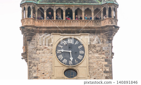 Old Town Hall tower of Prague timelapse with Astronomical Clock close up view, Czech Republic. Old Town Hall tower of Prague timelapse with Astronomical Clock close up view, Czech Republic. 140891846
