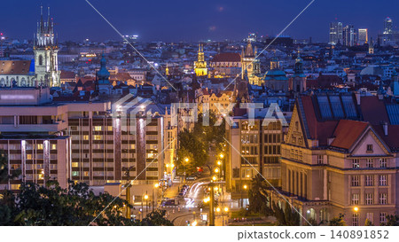 Prague day to night timelapse, fantastic old town roofs during twilight with towers and night illumination, Czech Republic 140891852