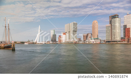 Panorama showing Rotterdam skyline timelapse from Nieuwe Maas River. Netherlands Panorama showing Rotterdam skyline timelapse from Nieuwe Maas River. Netherlands 140891874