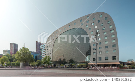 Hyperlapse of the Rotterdamse Markthal's exterior with shops and restaurants. Netherlands Hyperlapse of the Rotterdamse Markthal's exterior with shops and restaurants. Netherlands 140891882