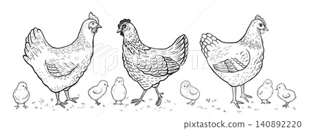 Sketch hen chick set hand drawn rooster chicken baby chicks vintage doodle style rustic design 140892220