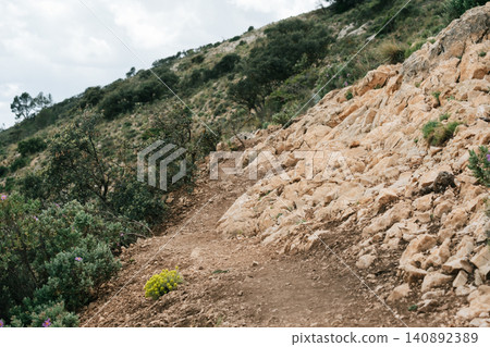 Scenic rocky trail winding through lush green mountains on a cloudy day Scenic rocky trail winding through lush green mountains on a cloudy day 140892389