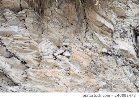 Textured rocky cliff face with sparse vegetation and natural crevices Textured rocky cliff face with sparse vegetation and natural crevices 140892478