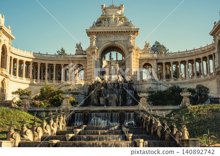 Majestic fountain and architectural marvel of palais longchamp in marseille at sunset Majestic fountain and architectural marvel of palais longchamp in marseille at sunset 140892742