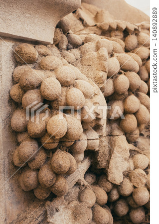 Ancient stone grapes on architectural facade in warm earth tones 140892889