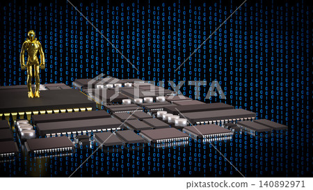 Golden Humanoid Robot On Digital Data Stage 3d render. Golden Humanoid Robot On Digital Data Stage 3d render. 140892971