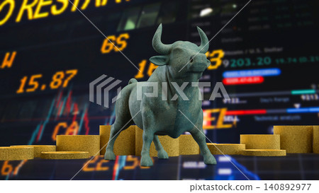 Bull Market Growth Concept with Gold Coins and Trading Screen 3d render. 140892977