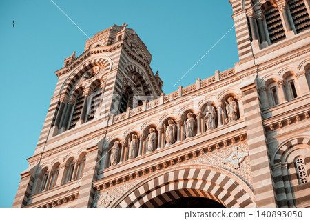Architectural detail of the marseille cathedral against a clear blue sky Architectural detail of the marseille cathedral against a clear blue sky 140893050