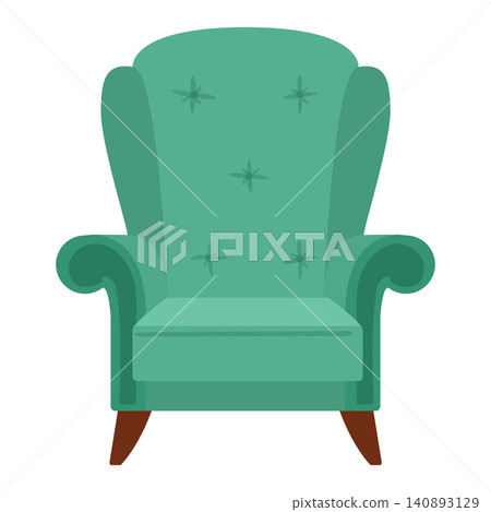 Classic wingback armchair. Green upholstered lounge chair flat vector illustration. Living room furniture icon isolated on white background Classic wingback armchair. Green upholstered lounge chair flat vector illustration. Living room furniture icon isolated on white background 140893129