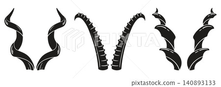 Curved animal horns collection. Different ram, goat and antelope horn silhouette flat vector illustration set. Decorative horn design elements isolated on white background Curved animal horns collection. Different ram, goat and antelope horn silhouette flat vector illustration set. Decorative horn design elements isolated on white background 140893133