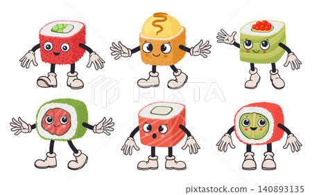 Cute sushi mascots collection. Funny sushi roll, nigiri and maki characters with smiling faces flat vector illustration set. Japanese food cartoon icons 140893135