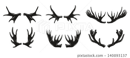Deer antlers collection. Different stag, elk and deer antler silhouettes flat vector illustration set. Hunting trophy horn design elements isolated on white background Deer antlers collection. Different stag, elk and deer antler silhouettes flat vector illustration set. Hunting trophy horn design elements isolated on white background 140893137