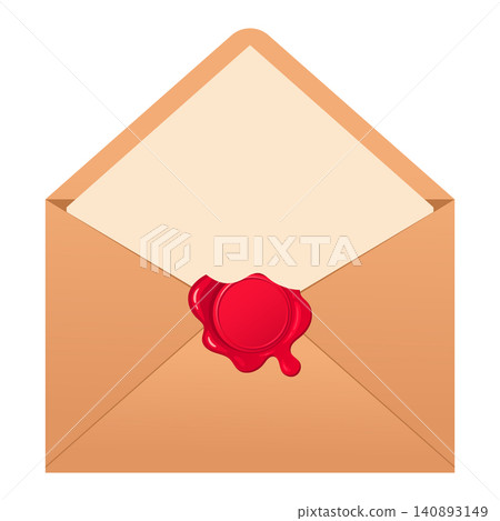 Open sealed envelope. Paper envelope with opened letter and red wax seal flat vector illustration. Postal correspondence icon Open sealed envelope. Paper envelope with opened letter and red wax seal flat vector illustration. Postal correspondence icon 140893149