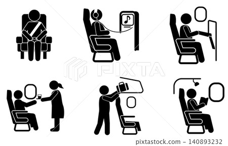 A set of icons representing the inside of an airplane and how to spend your time on board. A set of icons representing the inside of an airplane and how to spend your time on board. 140893232