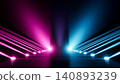 Symmetrical pink and blue spotlight columns on a dark podium with reflective flooring, 3d rendering 140893239