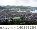 Panoramic view of Bergen, Norway's second largest city, surrounded by mountains and fjords 140893264
