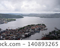 Panoramic view of Bergen, Norway's second largest city, surrounded by mountains and fjords 140893265