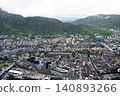 Panoramic view of Bergen, Norway's second largest city, surrounded by mountains and fjords 140893266