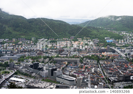 Panoramic view of Bergen, Norway's second largest city, surrounded by mountains and fjords Panoramic view of Bergen, Norway's second largest city, surrounded by mountains and fjords 140893266