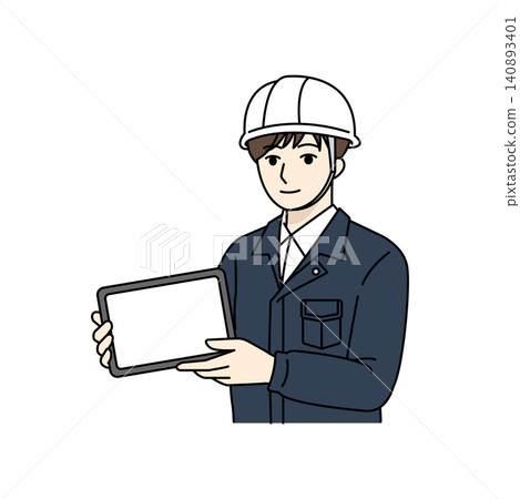 Male worker's helmet with tablet display, navy blue. Male worker's helmet with tablet display, navy blue. 140893401